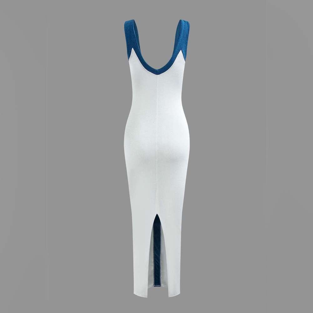 White Maxi Bodycon Dress with Blue Stripe - Picture 3 of 5